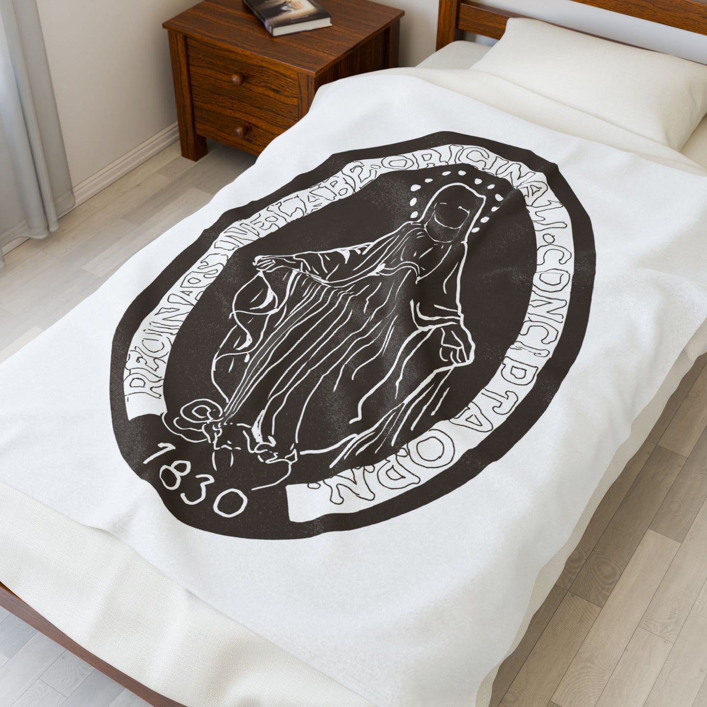 Velveteen Plush Blanket with the Virgin Mary Miraculous Medal - Dark brown
