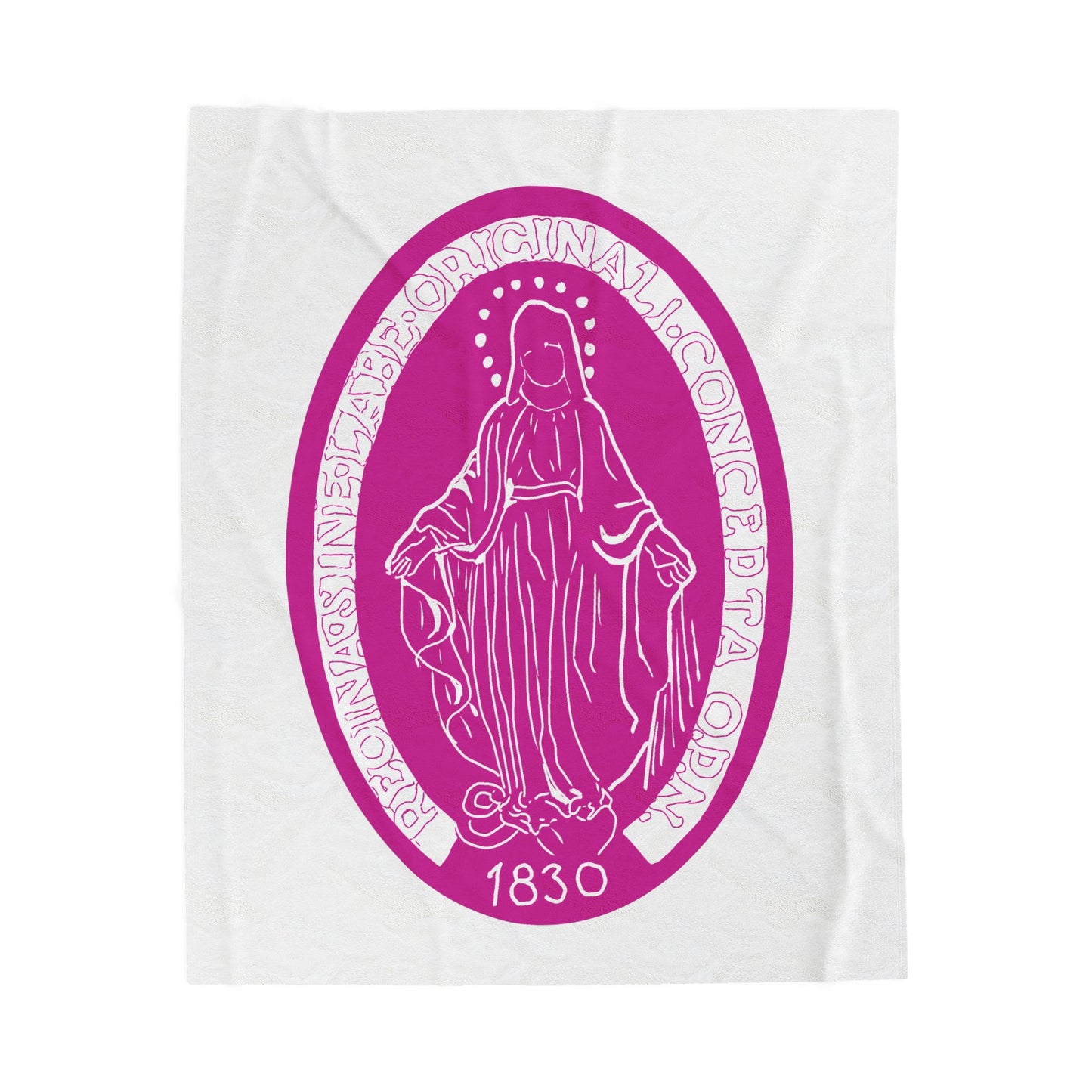 Velveteen Plush Blanket with the Virgin Mary Miraculous Medal - Bright pink