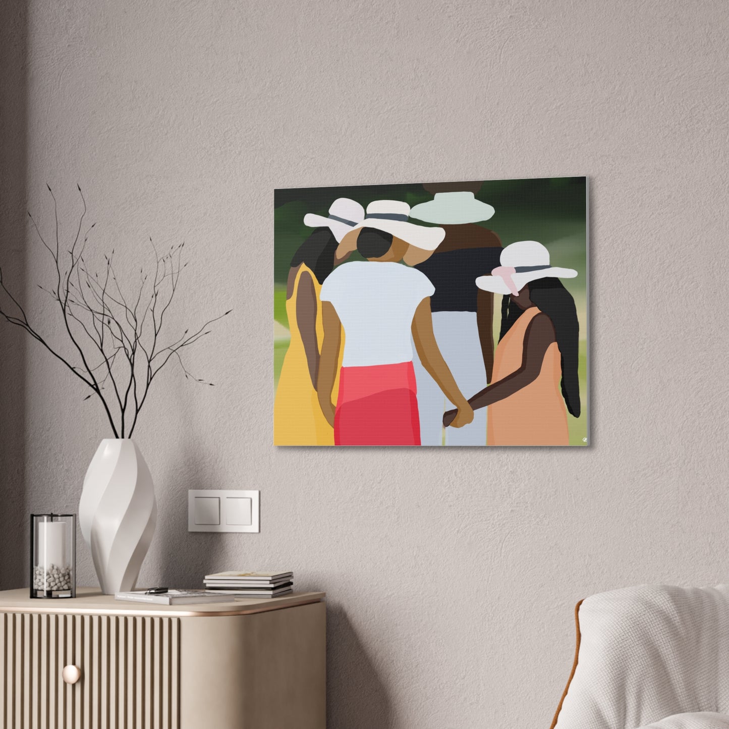 Haitian American Sisters in Summer Hats Canvas Art — Stretched Wall Artwork