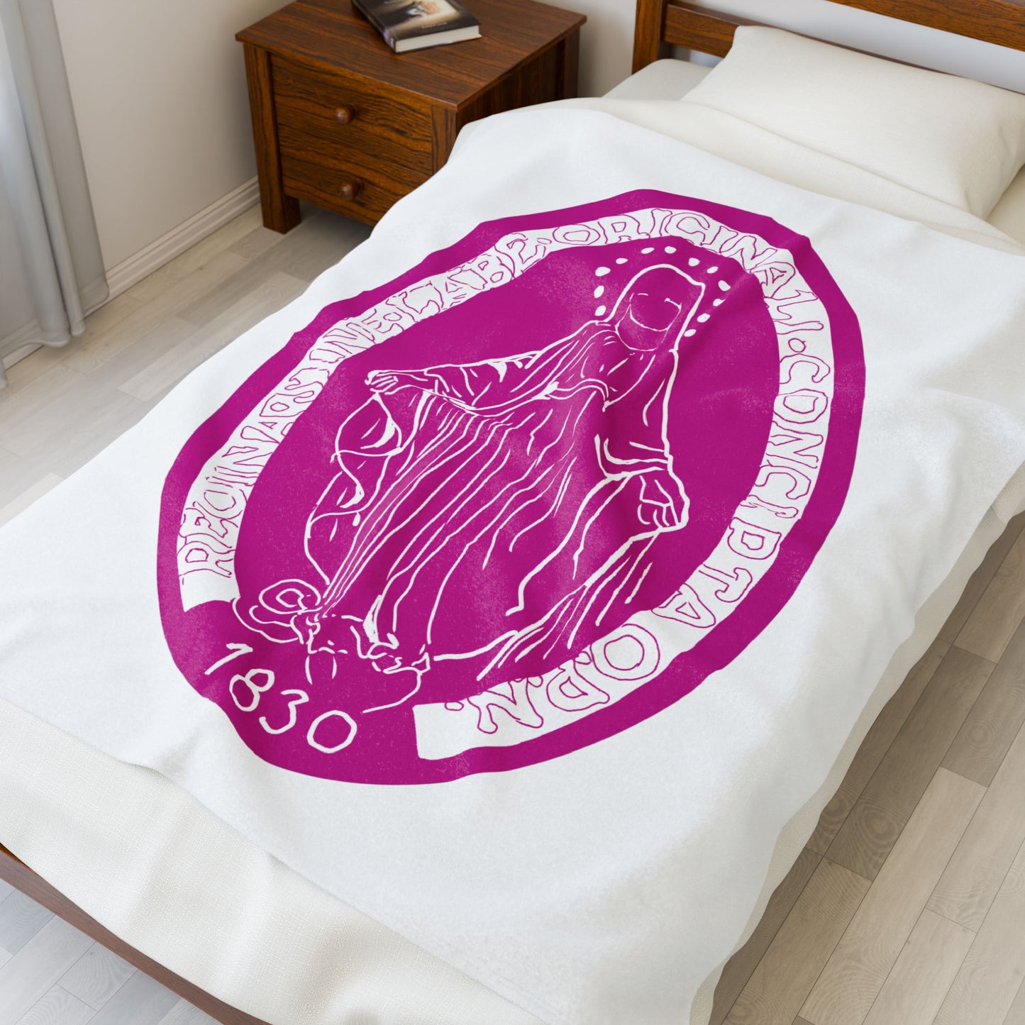 Velveteen Plush Blanket with the Virgin Mary Miraculous Medal - Bright pink