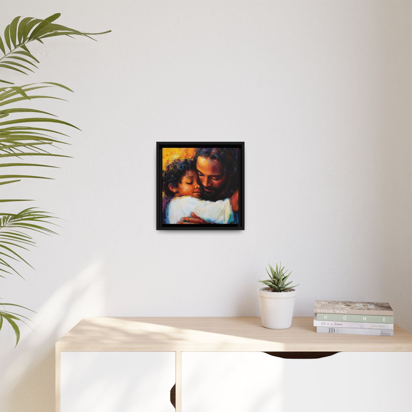 Framed Religious Art Canvas - Jesus hugging child 1