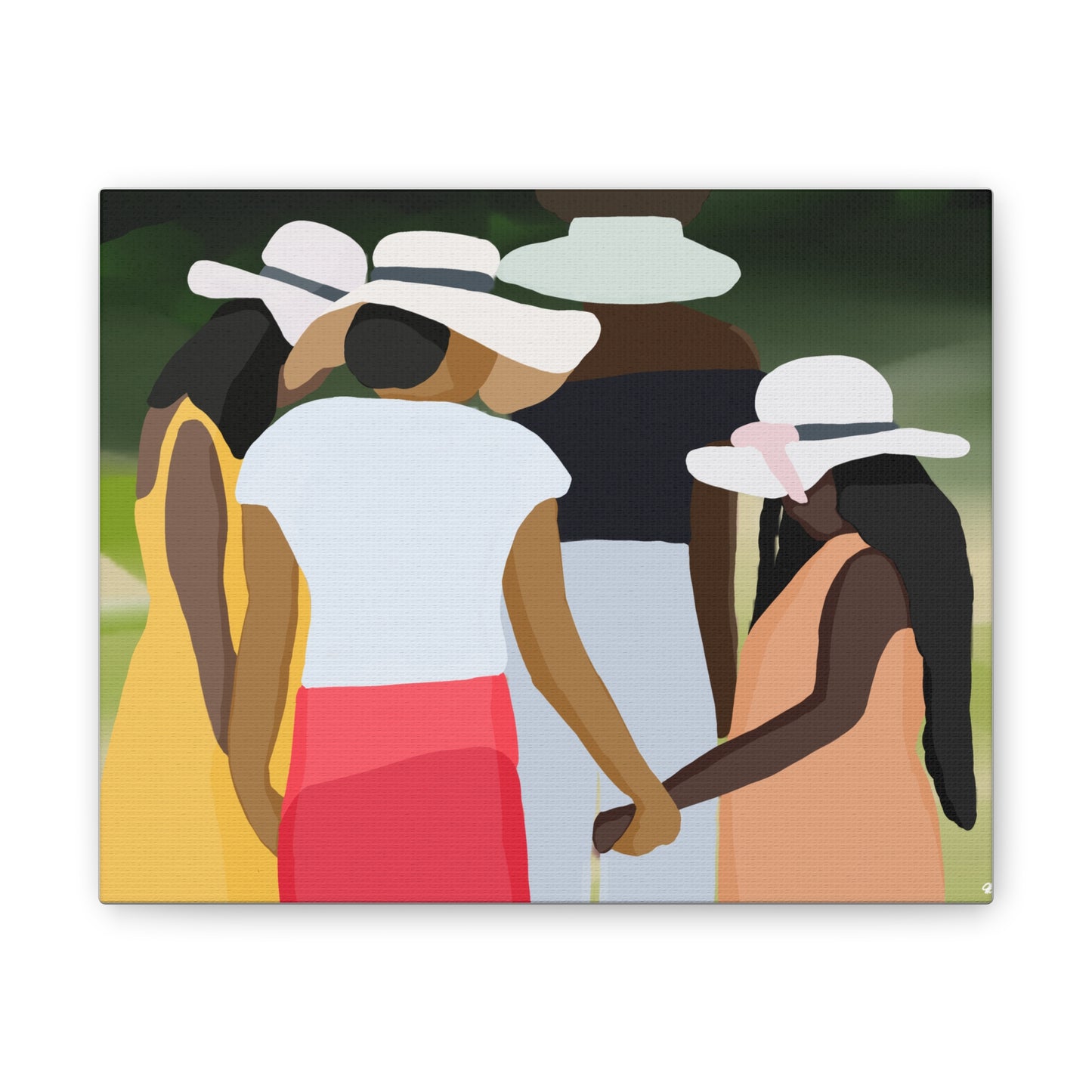 Haitian American Sisters in Summer Hats Canvas Art — Stretched Wall Artwork