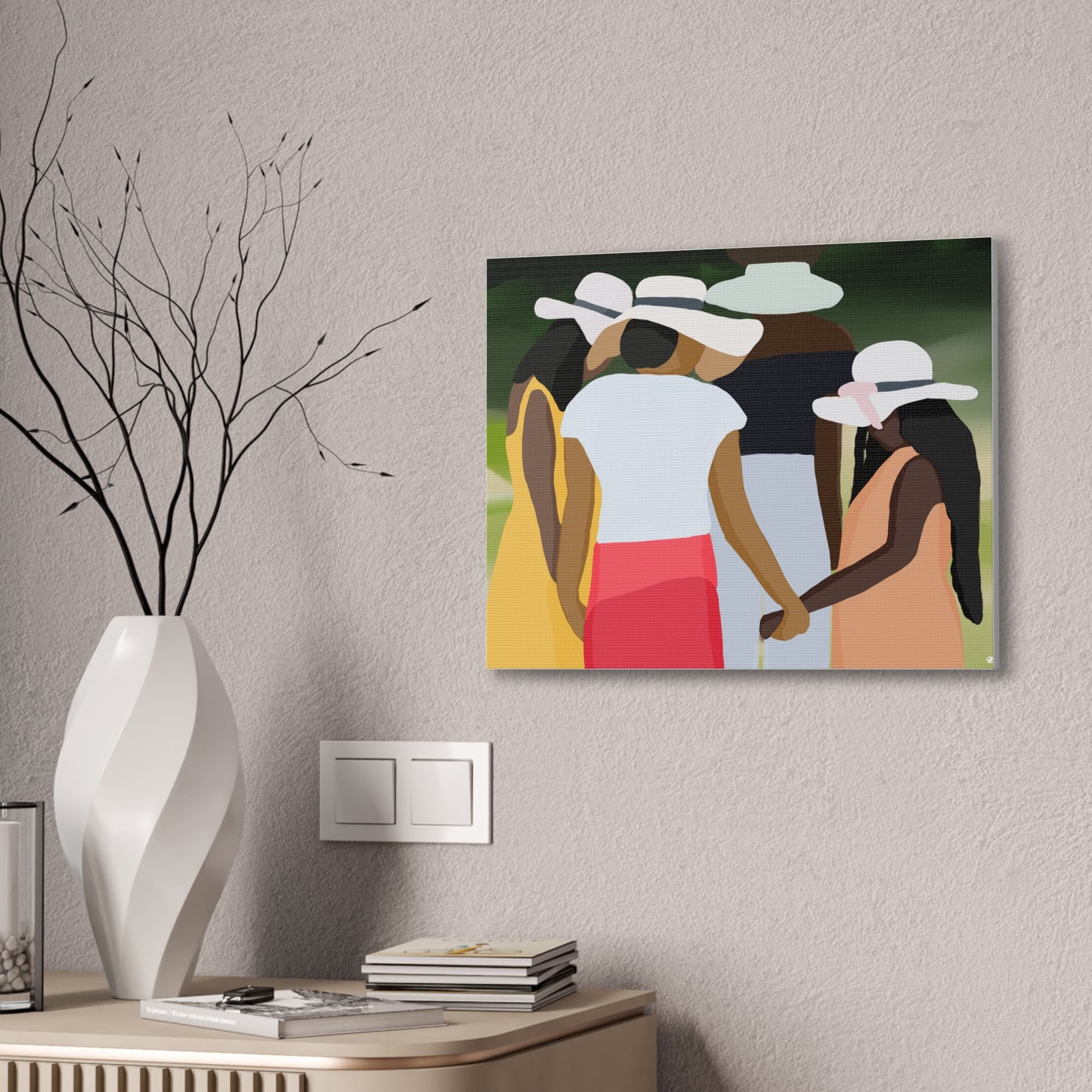 Haitian American Sisters in Summer Hats Canvas Art — Stretched Wall Artwork