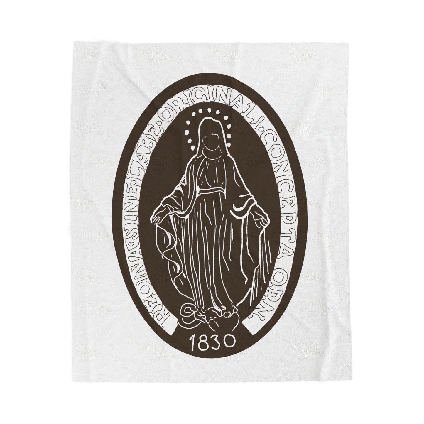 Velveteen Plush Blanket with the Virgin Mary Miraculous Medal - Dark brown