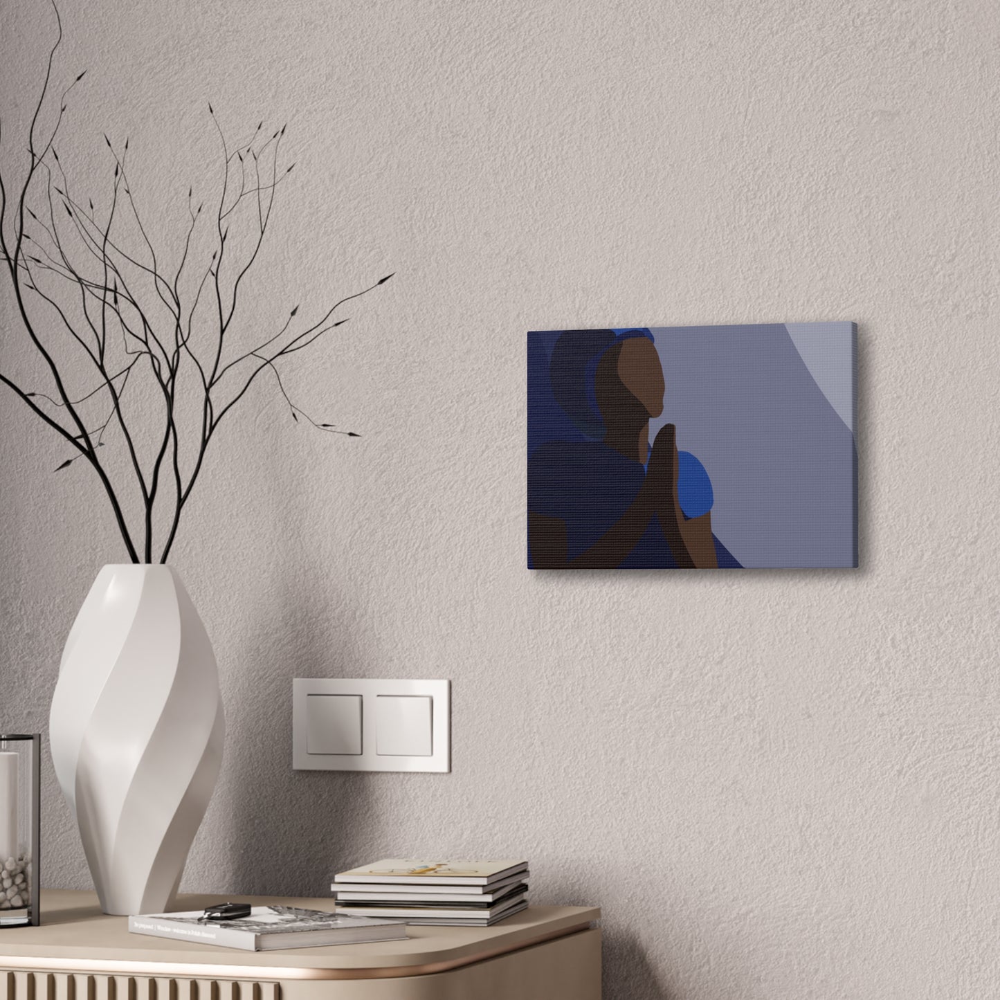 Haitian Woman Prayerful Silhouette Canvas Wall Art – Calm Blue Spiritual Décor