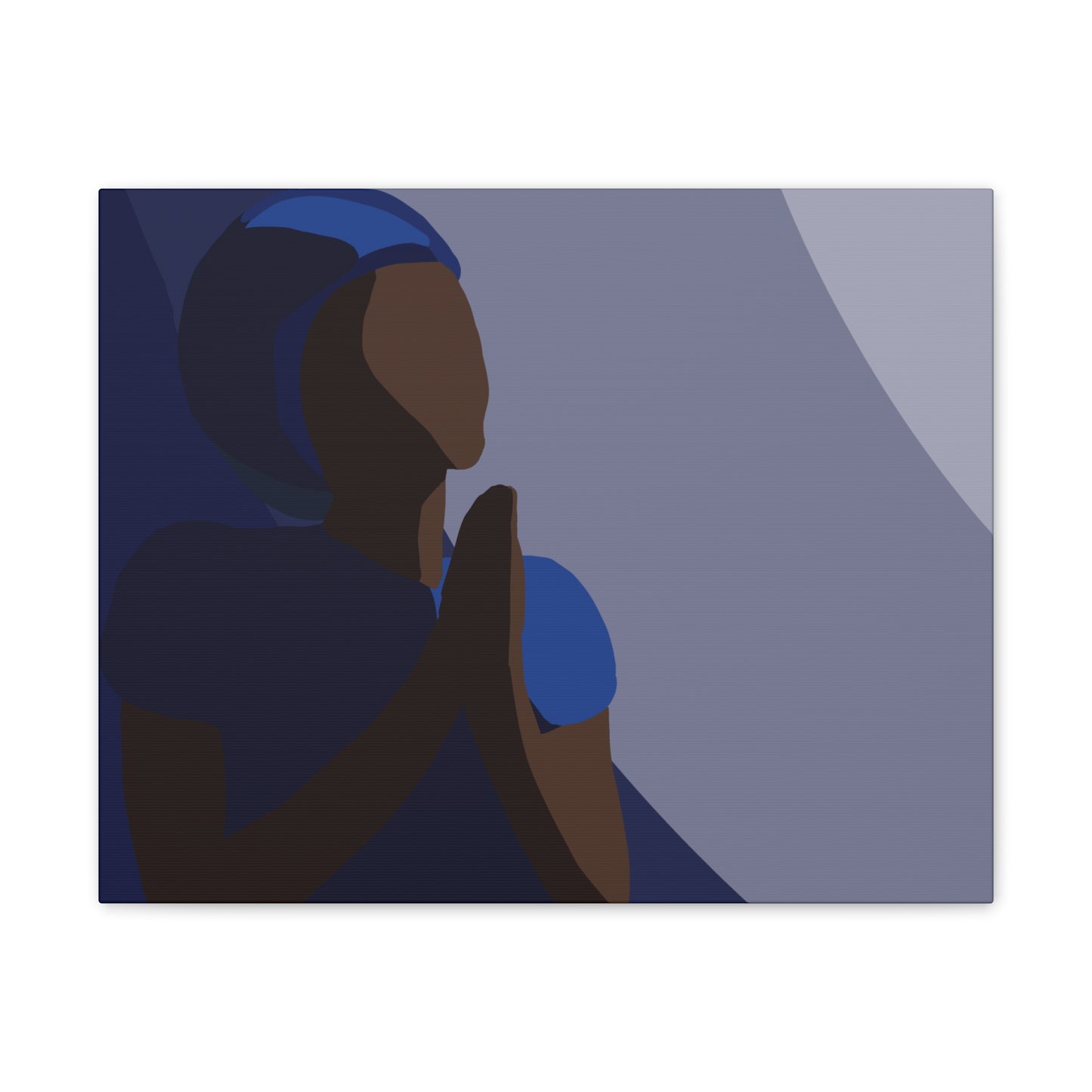 Haitian Woman Prayerful Silhouette Canvas Wall Art – Calm Blue Spiritual Décor