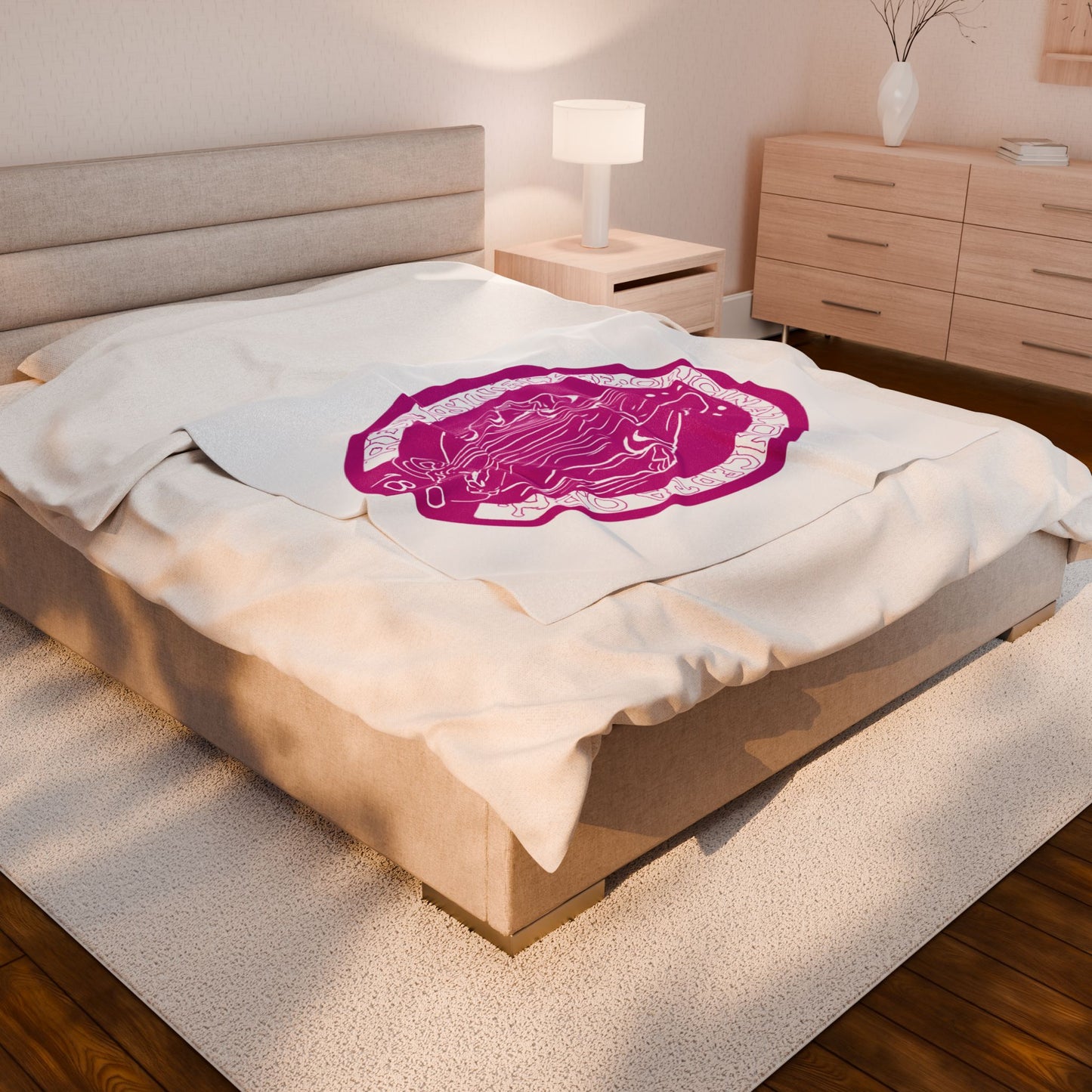 Velveteen Plush Blanket with the Virgin Mary Miraculous Medal - Bright pink