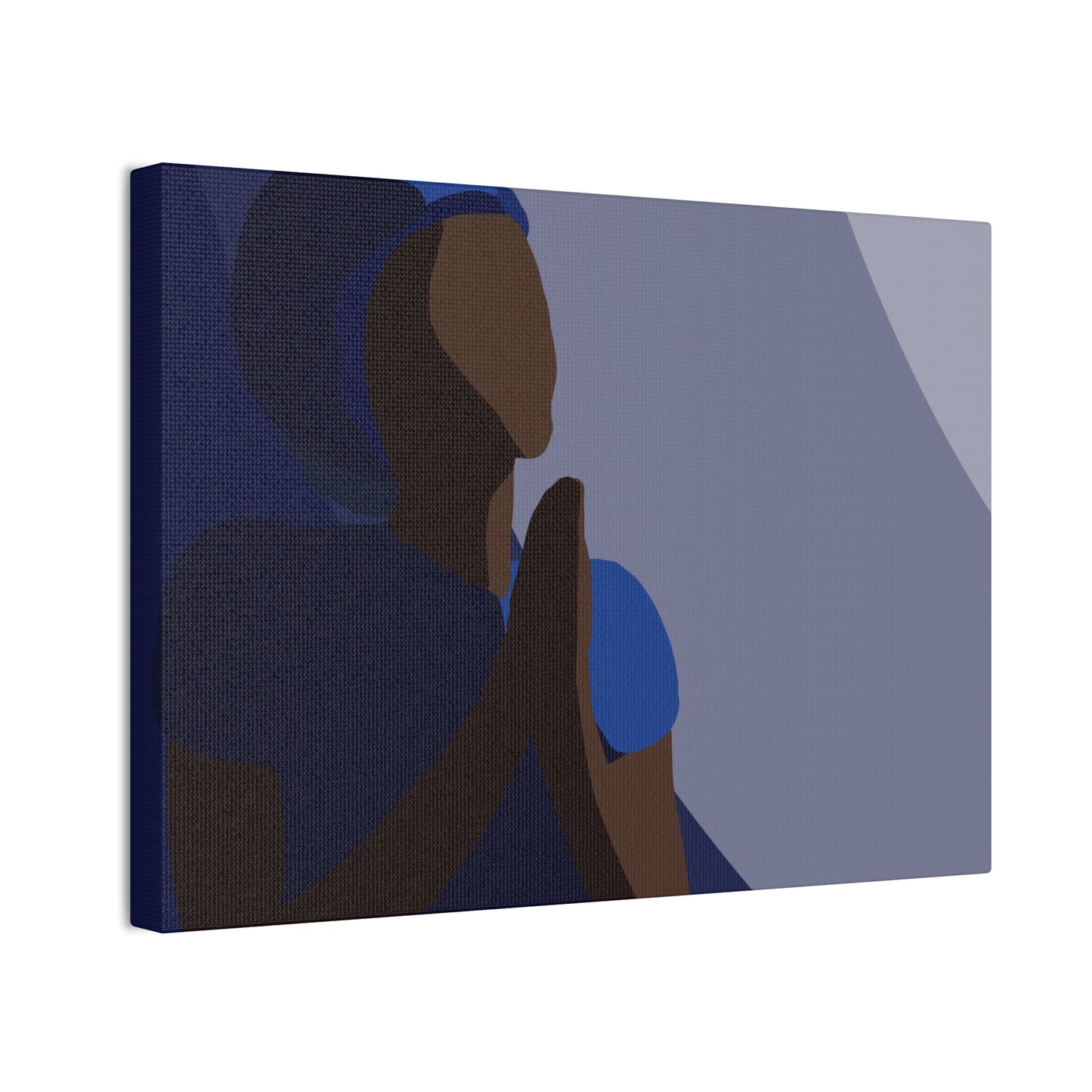 Haitian Woman Prayerful Silhouette Canvas Wall Art – Calm Blue Spiritual Décor