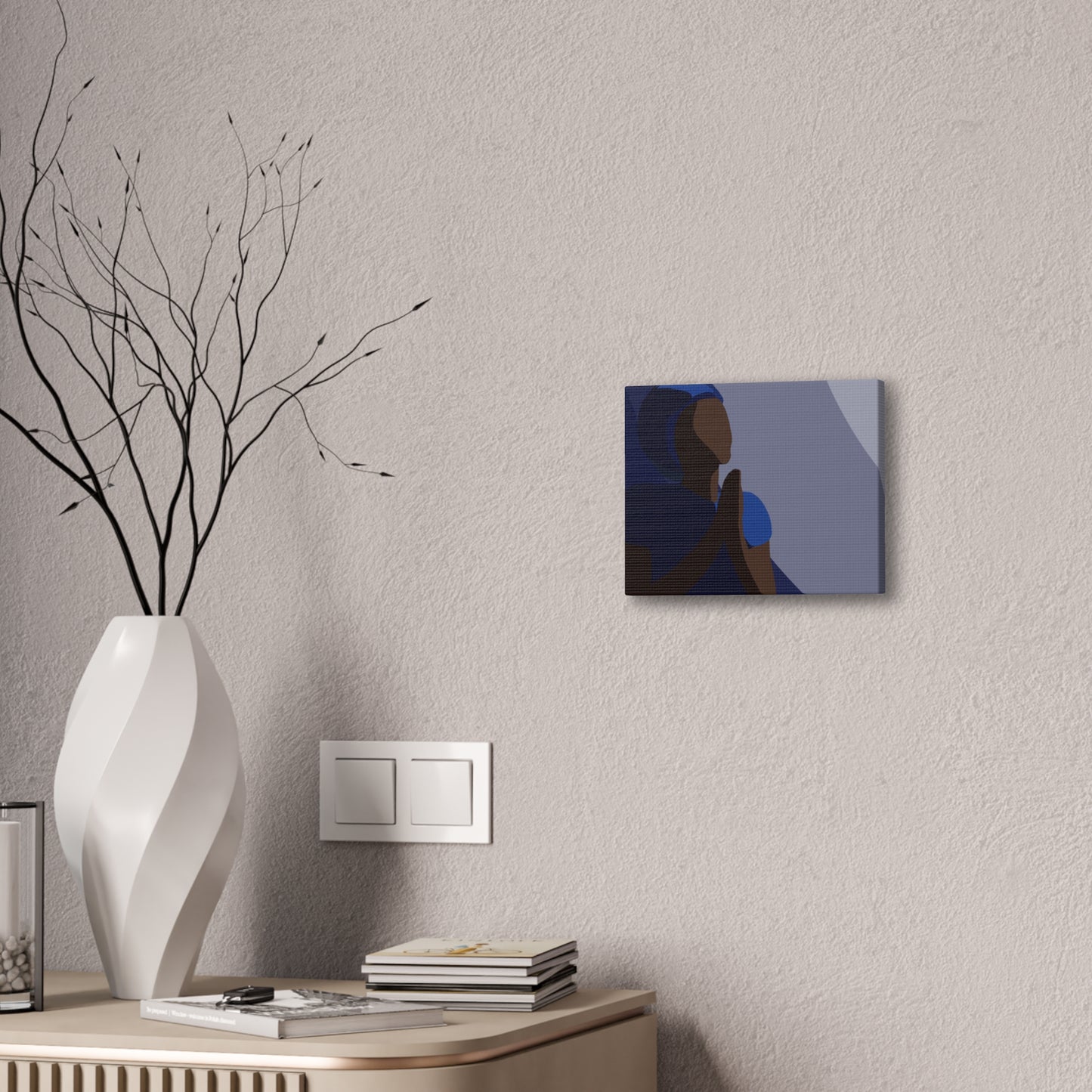 Haitian Woman Prayerful Silhouette Canvas Wall Art – Calm Blue Spiritual Décor