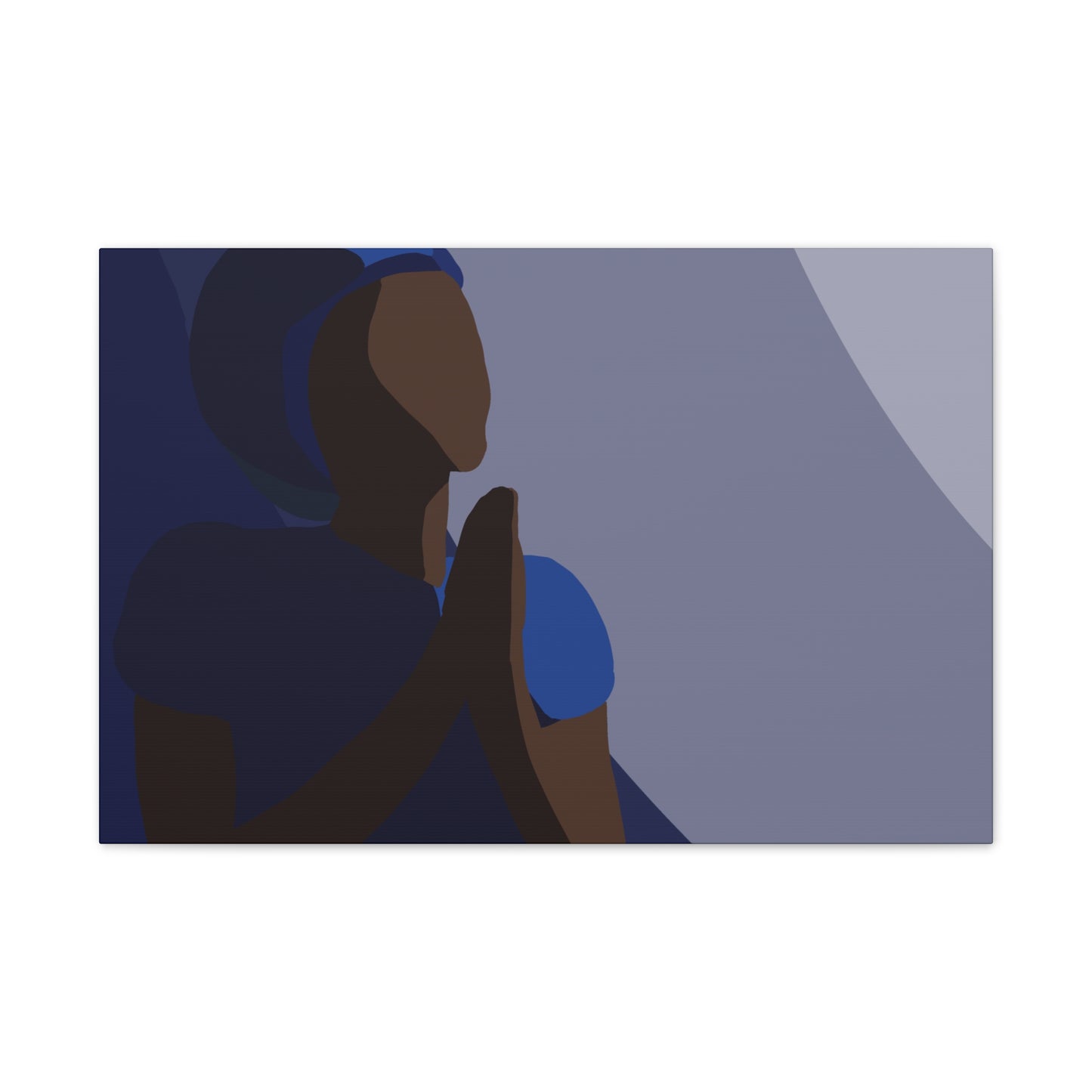 Haitian Woman Prayerful Silhouette Canvas Wall Art – Calm Blue Spiritual Décor