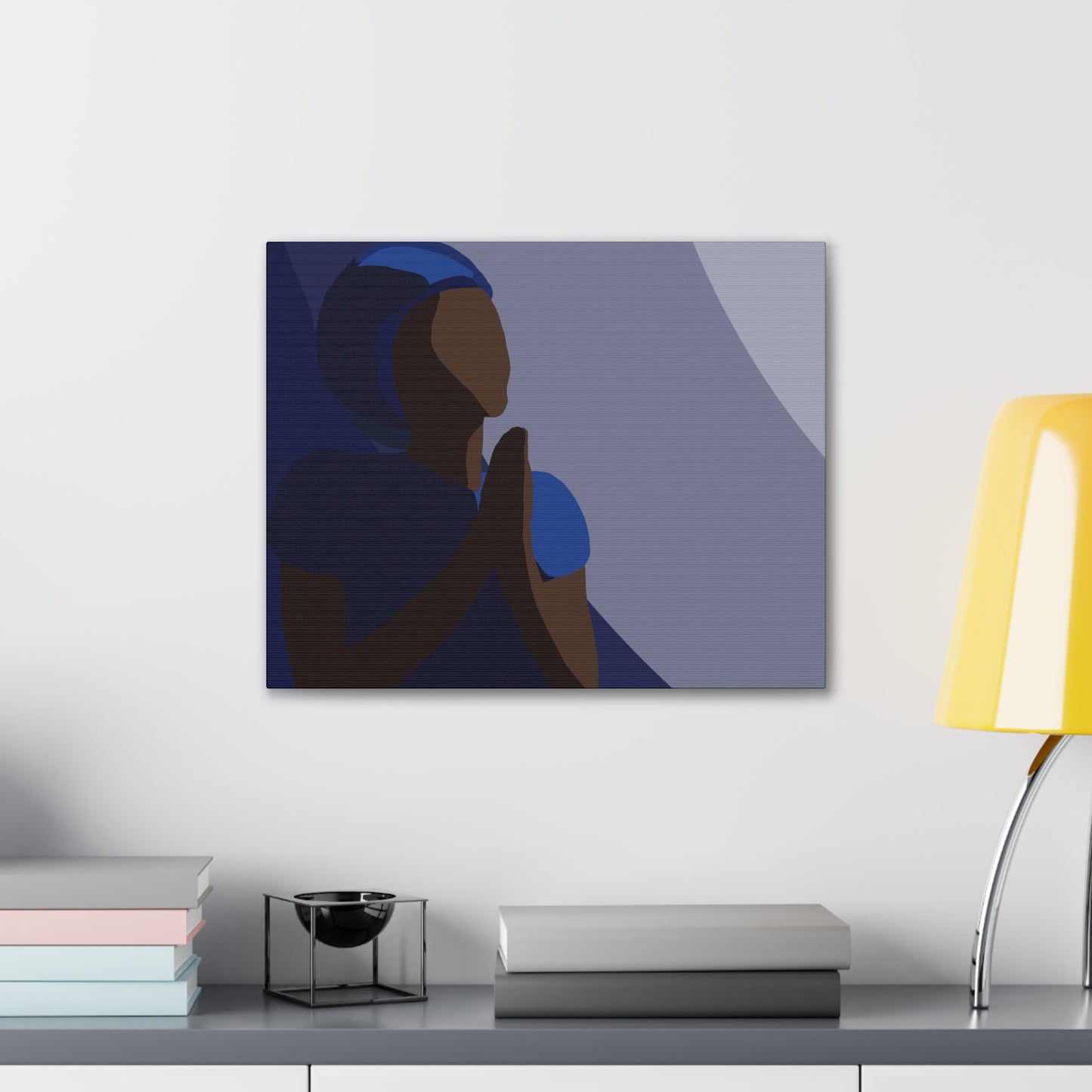 Haitian Woman Prayerful Silhouette Canvas Wall Art – Calm Blue Spiritual Décor