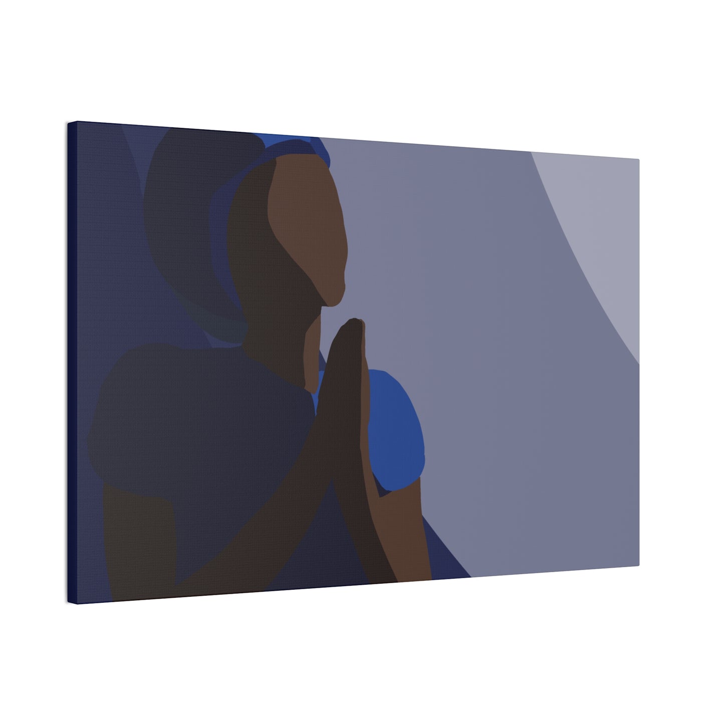 Haitian Woman Prayerful Silhouette Canvas Wall Art – Calm Blue Spiritual Décor