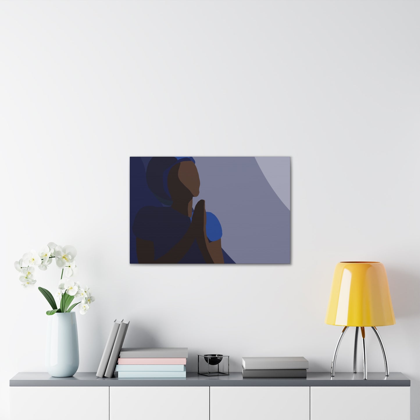 Haitian Woman Prayerful Silhouette Canvas Wall Art – Calm Blue Spiritual Décor