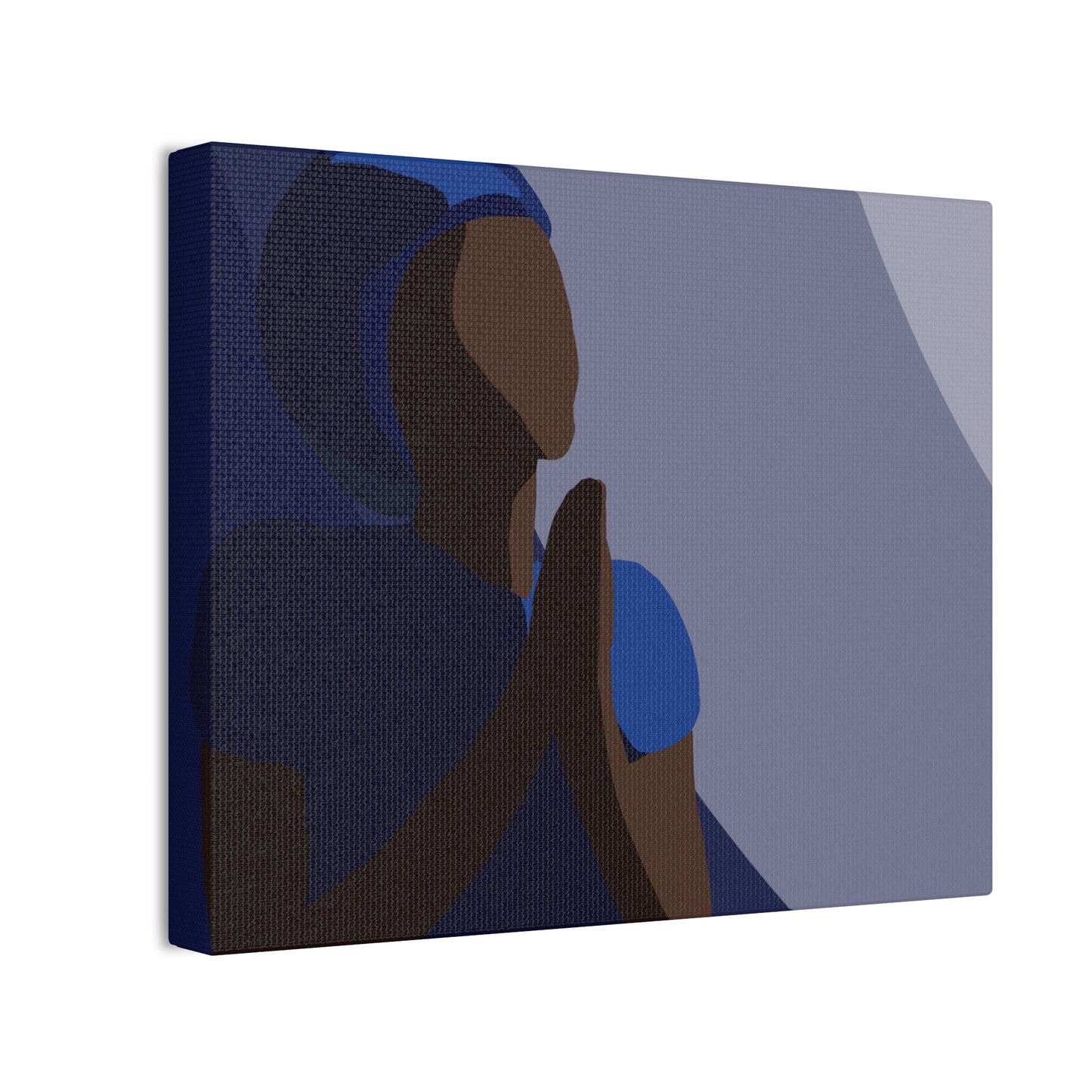 Haitian Woman Prayerful Silhouette Canvas Wall Art – Calm Blue Spiritual Décor