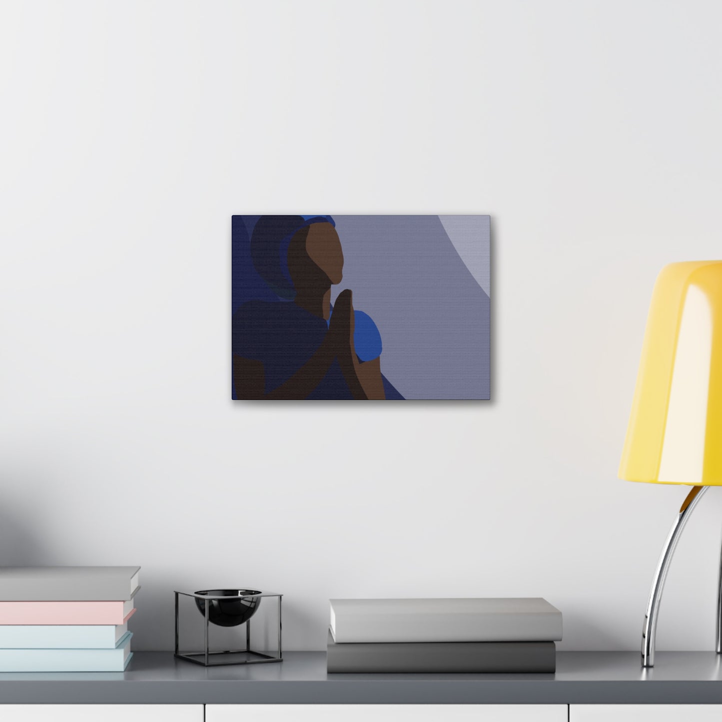 Haitian Woman Prayerful Silhouette Canvas Wall Art – Calm Blue Spiritual Décor
