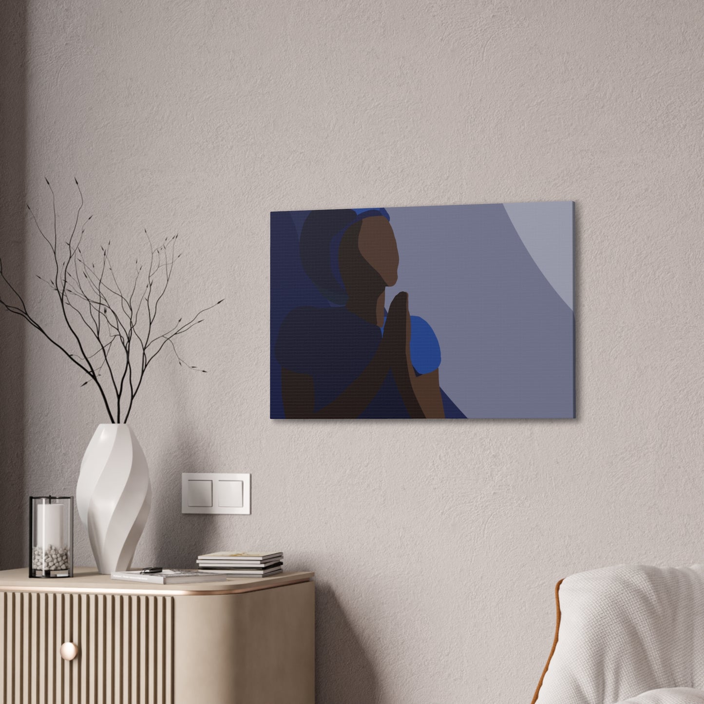 Haitian Woman Prayerful Silhouette Canvas Wall Art – Calm Blue Spiritual Décor